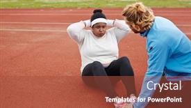  Presentation with trainer - Amazing PPT layouts having motivated young plus-size woman doing sit-ups on stadium with help of her trainer backdrop and a red colored foreground