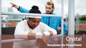  Presentation with trainer - Beautiful presentation theme featuring young trainer making plus-sized woman work harder and motivating her to continue exercising backdrop and a violet colored foreground