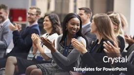 Presentation with audience - Slide deck featuring motivation - audience applauding speaker after conference background and a dark gray colored foreground