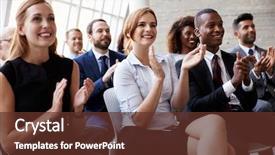  Presentation with audience - Beautiful slide deck featuring motivation - audience applauding speaker at business backdrop and a tawny brown colored foreground