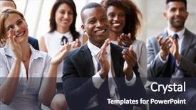  Presentation with audience - Colorful slide set enhanced with motivation - audience applauding speaker at business backdrop and a wine colored foreground