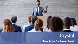  Presentation with conference - Slide deck with motivation - businessman addressing delegates at conference background and a ocean colored foreground