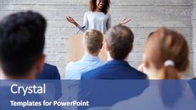  Presentation with conference - Slide set enhanced with motivation - businesswoman addressing delegates at conference background and a ocean colored foreground