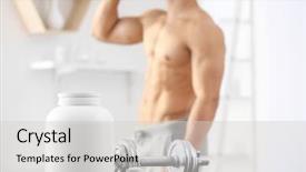  Presentation with protein - Cool new slides with motivation - dumbbell and jar with protein backdrop and a light gray colored foreground