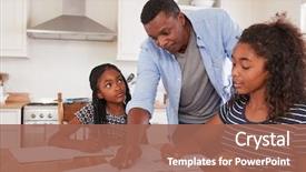  Presentation with helping - PPT theme enhanced with motivation - father helping two daughters sitting background and a violet colored foreground