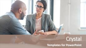  Presentation with listening woman - PPT layouts with motivation - serious woman listening to co-worker background and a coral colored foreground