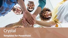  Presentation with stack - Slide set consisting of motivation - team of smiling executives forming background and a coral colored foreground