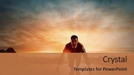  Presentation with businessman standing on mountain top - Amazing PPT theme having motivation - young determined businessman standing backdrop and a coral colored foreground