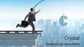  Presentation with people lost money fired businessman - Cool new PPT theme with motivation bonus - businessman chasing money on fishing backdrop and a light blue colored foreground