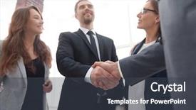  Presentation with shaking hands - Cool new theme with motivation emotion - businessmen shaking hands in conference backdrop and a  colored foreground