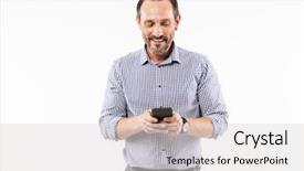  Presentation with photo - PPT theme featuring motivation employes - photo of happy adult man background and a light gray colored foreground