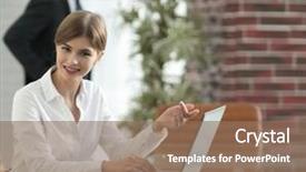  Presentation with laptop - Amazing slide set having motivation employes - young female manager working backdrop and a coral colored foreground