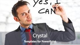  Presentation with yes - Colorful PPT theme enhanced with friendly businessman writing yes i can on the screen backdrop and a gray colored foreground