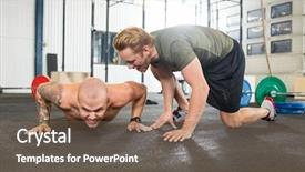  Presentation with crossfit - PPT theme with sports motivation - young crossfit trainer motivating man background and a violet colored foreground