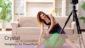  Presentation with blogger - Slides having motivation video - young beautiful girl blogger doing background and a  colored foreground