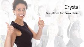  Presentation with team - PPT theme featuring motivational employee - happy young businesswoman with team background and a  colored foreground