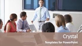  Presentation with speaker - Colorful slide set enhanced with motivational speaker talking to businesspeople backdrop and a coral colored foreground