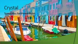  Presentation with canal - Colorful slide set enhanced with motley - canal and colorful houses backdrop and a teal colored foreground