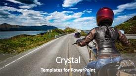  Presentation with rides - Presentation design featuring motocycle - biker girl rides a mountain background and a gray colored foreground