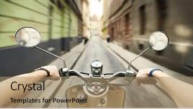  Presentation with old man - Presentation theme consisting of motocycle - man driving on scooter background and a coral colored foreground