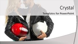  Presentation with hand up - Audience pleasing PPT layouts consisting of motocycle - motorcyclists couple with helmets backdrop and a white colored foreground