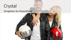  Presentation with tape recorder studio - Cool new theme with motocycle - motorcyclists couple with helmets backdrop and a light gray colored foreground