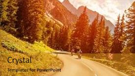  Presentation with alpine - Slide set consisting of motocycle - motorcyclists on the mountainous road background and a gold colored foreground