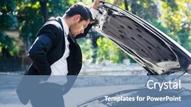  Presentation with sleepy yawning man driving car - Theme having motor accident - man standing near broken car background and a teal colored foreground