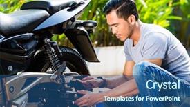  Presentation with maintenance - Cool new presentation with motor bikes - asian man doing motorcycle maintenance backdrop and a ocean colored foreground