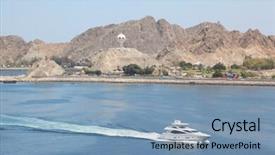  Presentation with motor - Audience pleasing presentation theme consisting of motor boat riding near qaboss port coast and mountains far away backdrop and a teal colored foreground