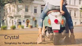  Presentation with portrait of excited overjoyed female - Slide set having back view portrait of a scooter with female legs in old european town background and a coral colored foreground