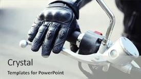  Presentation with rider - Colorful slides enhanced with motor cycle - hand rider on handlebars close-up backdrop and a light gray colored foreground