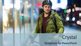  Presentation with motorcycle safety - Theme having motorcycle safety - young man on bicycle background and a light blue colored foreground