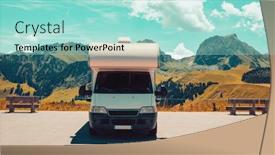  Presentation with motor - Presentation theme with motor-home-in-alps-mountain background and a mint green colored foreground