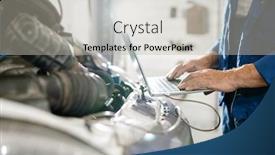  Presentation with motor - Presentation theme with motor of broken lorry and hands of experienced technician touching keys of laptop keyboard to search for online instructions background and a light gray colored foreground