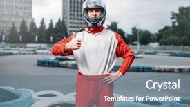  Presentation with driver - Audience pleasing slides consisting of motor racing - kart driver in helmet karting backdrop and a seafoam green colored foreground