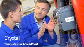  Presentation with man on train - Audience pleasing presentation design consisting of motor show - man explaining equipment to trainee backdrop and a royal blue colored foreground