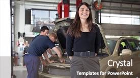  Presentation with portrait of excited overjoyed female - PPT theme enhanced with motor show - portrait of attractive female background and a tawny brown colored foreground