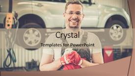  Presentation with solar car sunshade - Amazing slides having motor skills - cheerful serviceman wearing overall backdrop and a mint green colored foreground