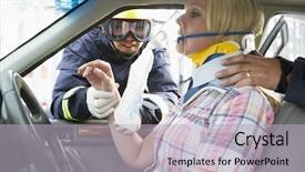  Presentation with firefighters - Colorful presentation theme enhanced with motor vehicle - firefighters helping an injured woman backdrop and a light gray colored foreground