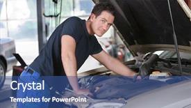  Presentation with garage car - PPT theme enhanced with motor vehicle - portrait of a mechanic working background and a ocean colored foreground
