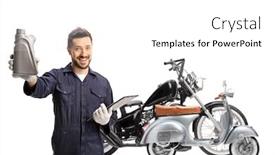  Presentation with motorbike - Audience pleasing slide set consisting of motorbike-mechanic-holding-motor-oil backdrop and a white colored foreground
