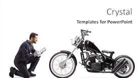  Presentation with kneeling - Slide set consisting of motorbike-mechanic-in-a-uniform background and a white colored foreground