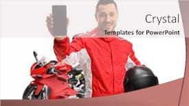  Presentation with motorbike - Presentation design featuring motorbike-racer-in-a-jumpsuit background and a sky blue colored foreground