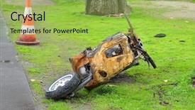  Presentation with burnt - Audience pleasing PPT theme consisting of motorcycle accident - burnt scooter backdrop and a yellow colored foreground