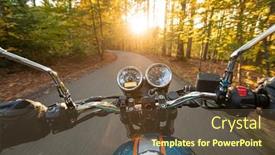  Presentation with driver - Slide deck enhanced with motorcycle driver riding in autumn forest handlebars view background and a tawny brown colored foreground