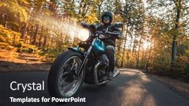  Presentation with motorcycle - Slides having motorcycle driver riding in foreste landscape lifestyle photo in sunset background and a dark gray colored foreground