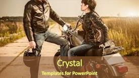  Presentation with bike - PPT theme with motorcycle helmet - biker man and girl sits background and a tawny brown colored foreground