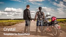  Presentation with motorcycle - Beautiful PPT layouts featuring motorcycle helmet - biker man and girl stands backdrop and a coral colored foreground