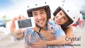 Presentation with e scooter - Amazing slide set having motorcycle helmet - couple taking picture of themselves backdrop and a coral colored foreground